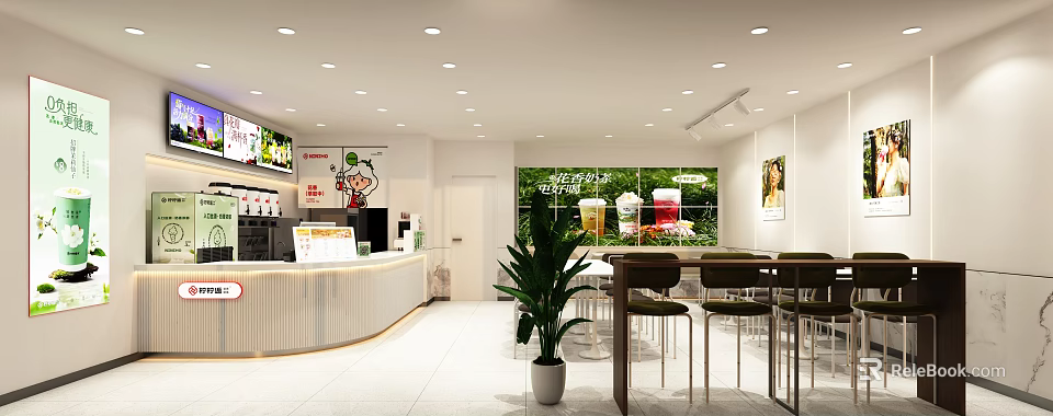 Modern Bright Milk Tea Shop Interior With Seating Area Green Plants And Tables 3d model 