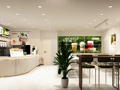 Modern Bright Milk Tea Shop Interior With Seating Area Green Plants And Tables 3d model