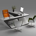 Sleek Modern Office Desk With Computer Monitor Desk Lamp Potted Plant And Chairs