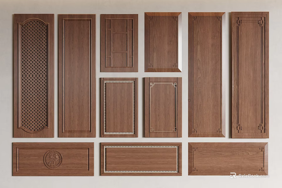 Various Wooden Wardrobe Door Designs with Carved and Plain Panel Styles 3d model 