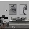 Minimalist Bedroom Interior With Grey Double Bed Black White Wall Artworks Chair And Bedside Table