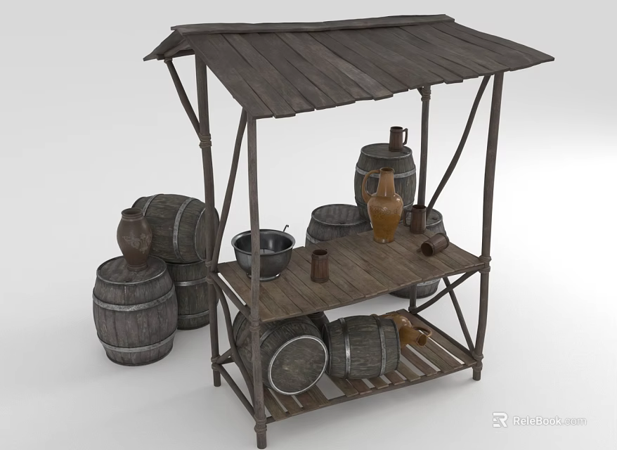 Rustic Wooden Market Stall Featuring Wooden Barrels Clay Jars And Metal Basin 3d model 