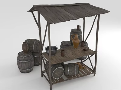 Rustic Wooden Market Stall Featuring Wooden Barrels Clay Jars And Metal Basin 3d model