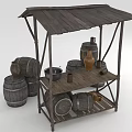 Rustic Wooden Market Stall Featuring Wooden Barrels Clay Jars And Metal Basin