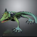 Colorful Green And Blue Horned Spiked Fantasy Lizard With Sharp Claws Open Mouth