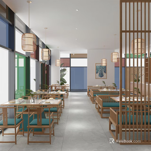 Traditional Restaurant Interior Design With Wooden Tables Chairs Hanging Lanterns Green Plants And Decorative Paintings 3d model 