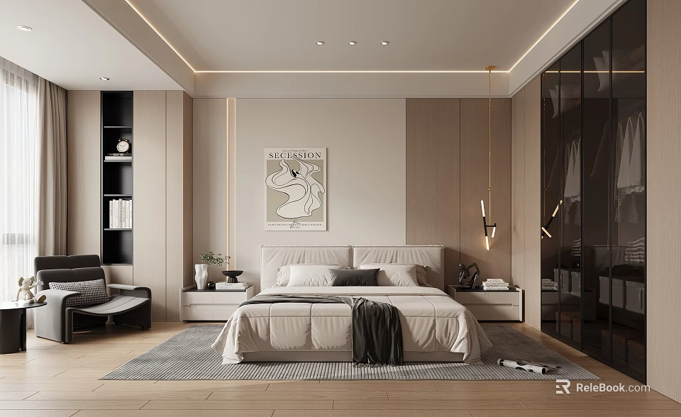 Modern Bedroom Interior With Neutral Tones Bed Artwork Bedside Tables Side Chair And Area Rug 3d model 