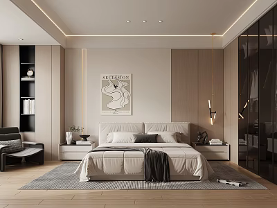 Modern Bedroom Interior With Neutral Tones Bed Artwork Bedside Tables Side Chair And Area Rug 3d model