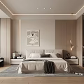 Modern Bedroom Interior With Neutral Tones Bed Artwork Bedside Tables Side Chair And Area Rug