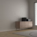 Black Audio Speaker System On Wooden Cabinet With Remote Control And Window Blinds