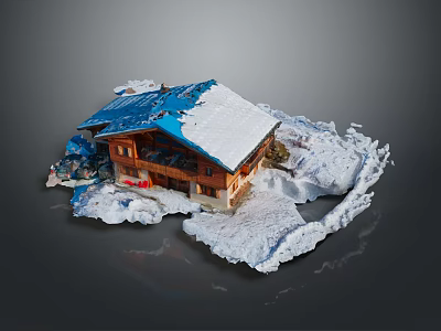 Scenic Snow Covered Wooden House With Blue Roof And Winter Landscape 3d model