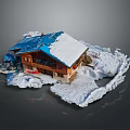 Scenic Snow Covered Wooden House With Blue Roof And Winter Landscape
