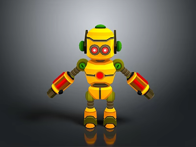 Yellow Cartoon Robot Character With Green Ears Red Eyes And Orange Joints 3d model