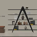 Modern Triangular Frame Bookshelf With Decorative Items Vases And Books Near Wooden Stool