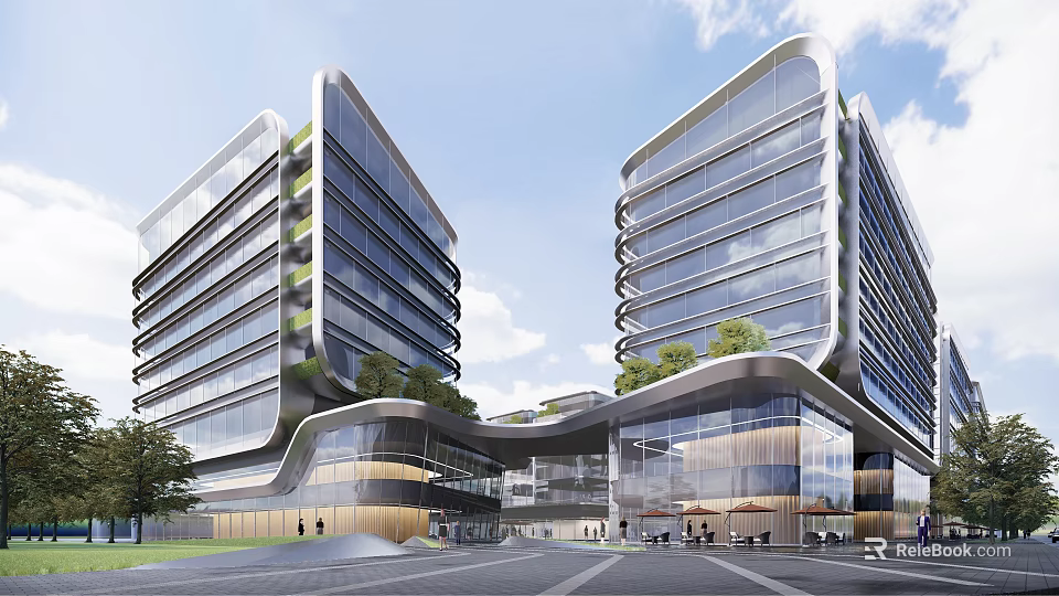 Modern Office Building Exterior With Glass Facade Greenery And Twin Connected Towers 3d model 