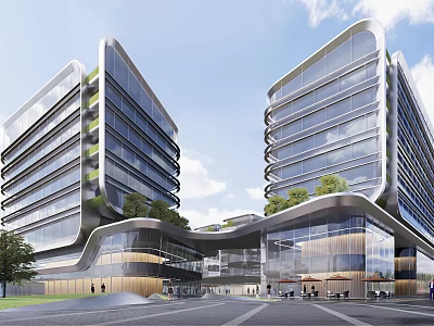 Modern Office Building Exterior With Glass Facade Greenery And Twin Connected Towers 3d model