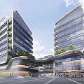 Modern Office Building Exterior With Glass Facade Greenery And Twin Connected Towers