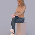 Women In Beige Tops And Blue Jeans Posing In Various Styles On Gray Background