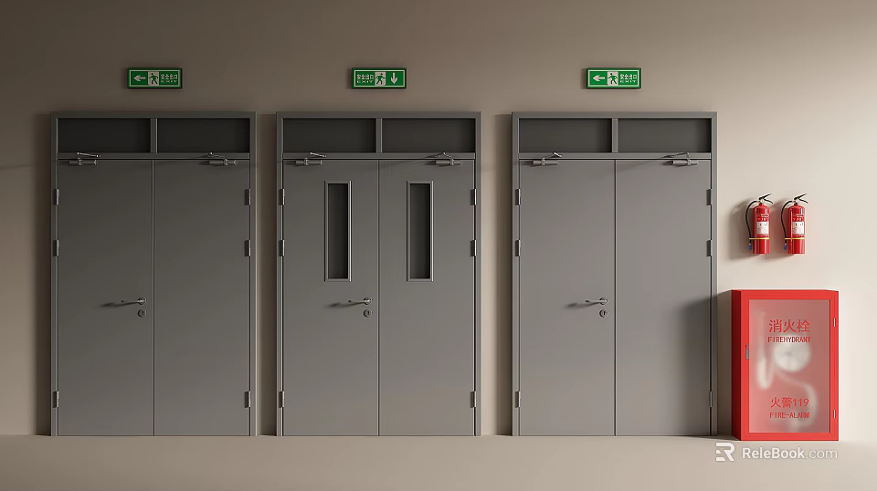 Grey Emergency Exit Doors With Green Signs And Red Fire Hydrant 3d model 