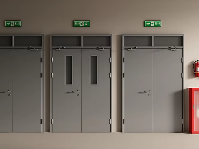 Grey Emergency Exit Doors With Green Signs And Red Fire Hydrant 3d model