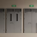 Grey Emergency Exit Doors With Green Signs And Red Fire Hydrant