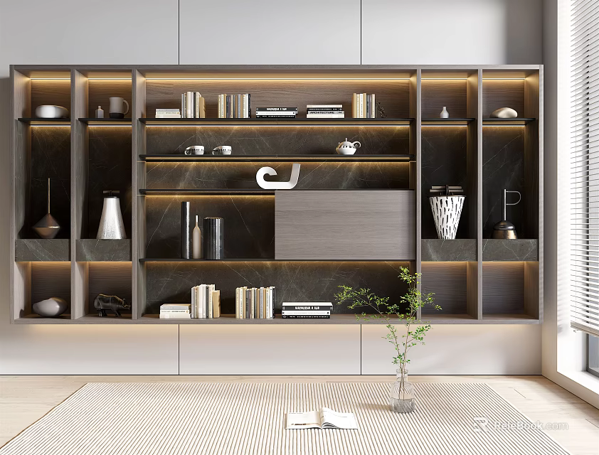 Modern Bookcase Interior Design With Layered Shelves Lighting And Decorative Items 3d model 