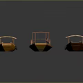 Three Traditional Wooden Boats with Colorful Hulls and Thatched Roofs Displayed on Dark Surface