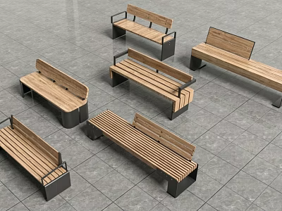 Durable Outdoor Benches With Wooden Seats And Metal Frames In Various Designs 3d model