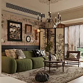 Traditional Living Room Interior With Green Sofa Plant Pattern Screen Chandelier And Decorative Frames