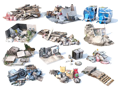 Various Trash Piles With Mixed Discarded Materials And Rubbish Items 3d model