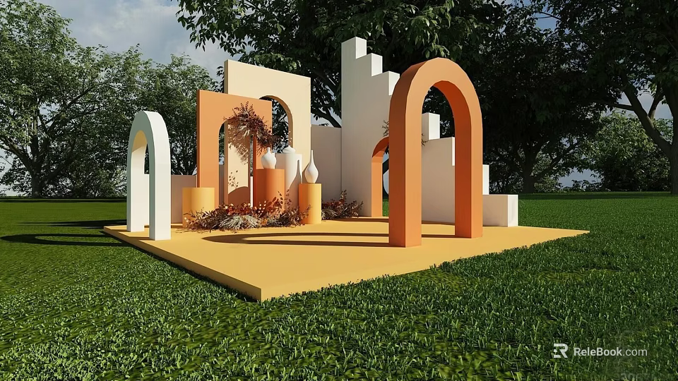 Outdoor Geometric Art Installation With Orange White Beige Arches And Green Grass 3d model 