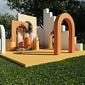 Outdoor Geometric Art Installation With Orange White Beige Arches And Green Grass