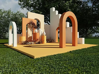 Outdoor Geometric Art Installation With Orange White Beige Arches And Green Grass 3d model