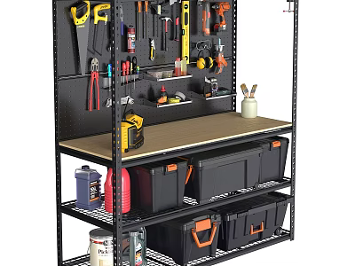Garage Tool Organization Setup With Hanging Tools Workbench And Storage Bins 3d model