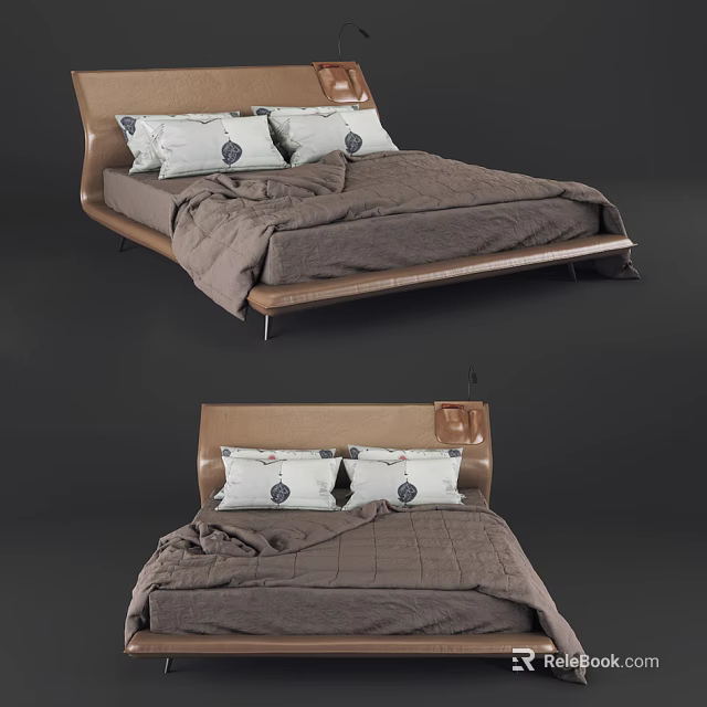 Modern Double Bed With Upholstered Headboard And Neutral Bedding Pillows 3d model