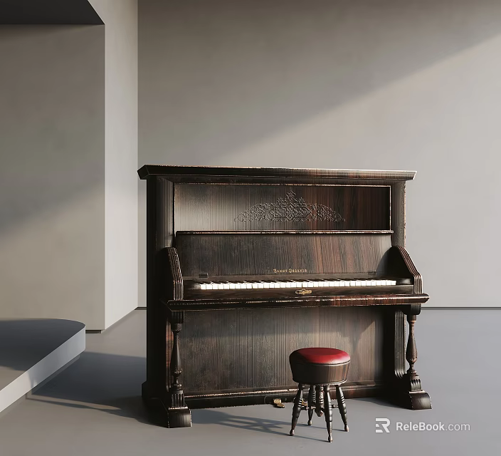 Dark Wooden Piano With Red Stool Modern Room Gray Walls Floor And Natural Light 3d model 