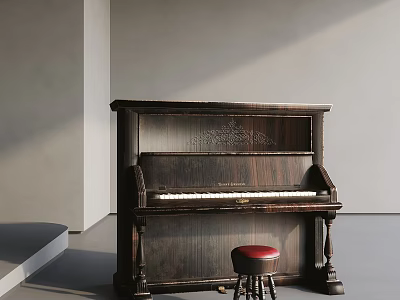 Dark Wooden Piano With Red Stool Modern Room Gray Walls Floor And Natural Light 3d model