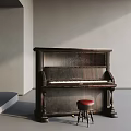Dark Wooden Piano With Red Stool Modern Room Gray Walls Floor And Natural Light