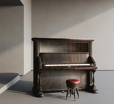 Dark Wooden Piano With Red Stool Modern Room Gray Walls Floor And Natural Light 3d model