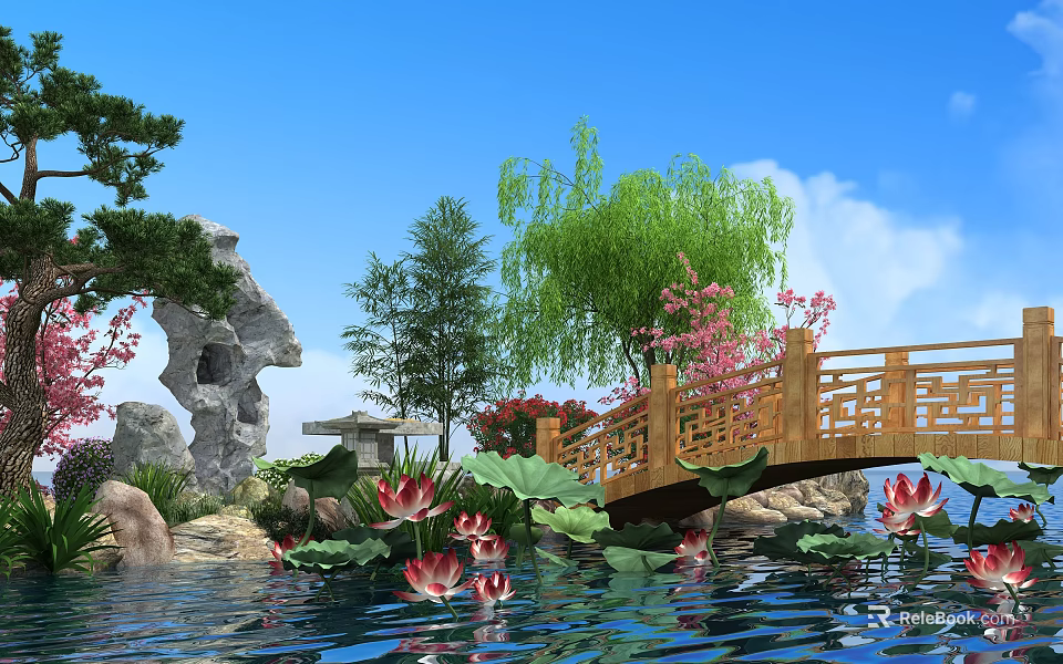 Serene Waterfront Landscape With Lotus Flowers Wooden Bridge Willow Trees And Rock Formations 3d model 