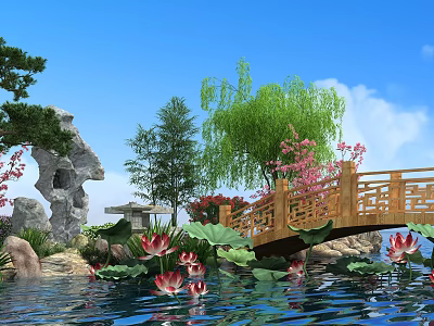 Serene Waterfront Landscape With Lotus Flowers Wooden Bridge Willow Trees And Rock Formations 3d model