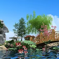 Serene Waterfront Landscape With Lotus Flowers Wooden Bridge Willow Trees And Rock Formations