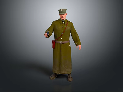 Man in Green Military Uniform with Military Cap Brown Belt and Red Satchel Holding Object 3d model