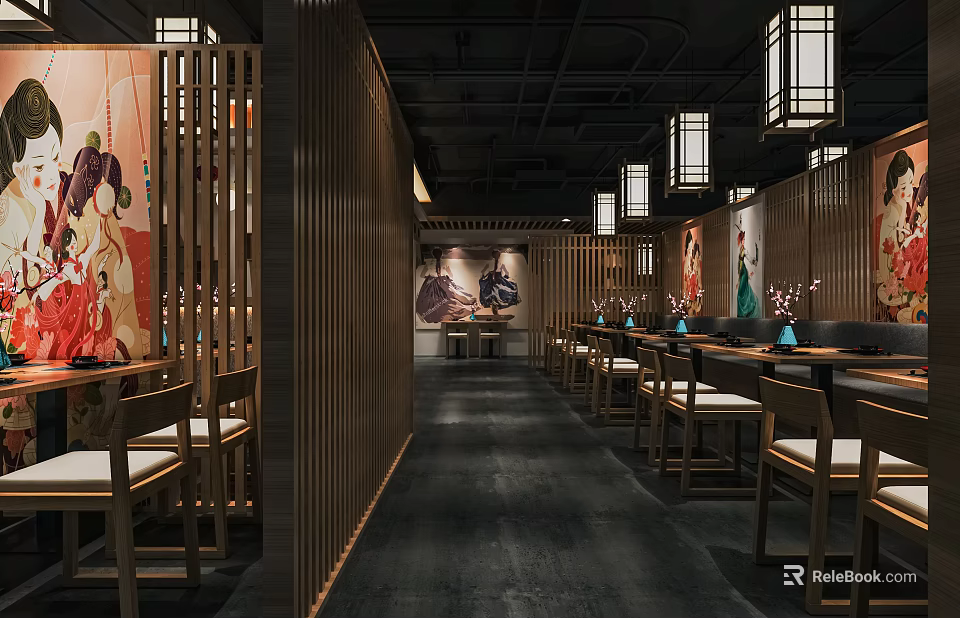 Modern Traditional Chinese Restaurant Interior With Wooden Partitions Lanterns Mural Paintings Long Tables And Chairs 3d model 