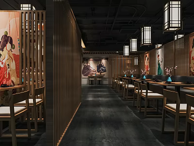 Modern Traditional Chinese Restaurant Interior With Wooden Partitions Lanterns Mural Paintings Long Tables And Chairs 3d model