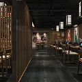 Modern Traditional Chinese Restaurant Interior With Wooden Partitions Lanterns Mural Paintings Long Tables And Chairs