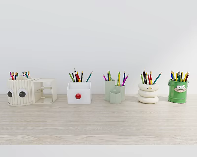 Colored Pens Stored in Various Designed Pencil Holders on Wooden Table with White Background 3d model