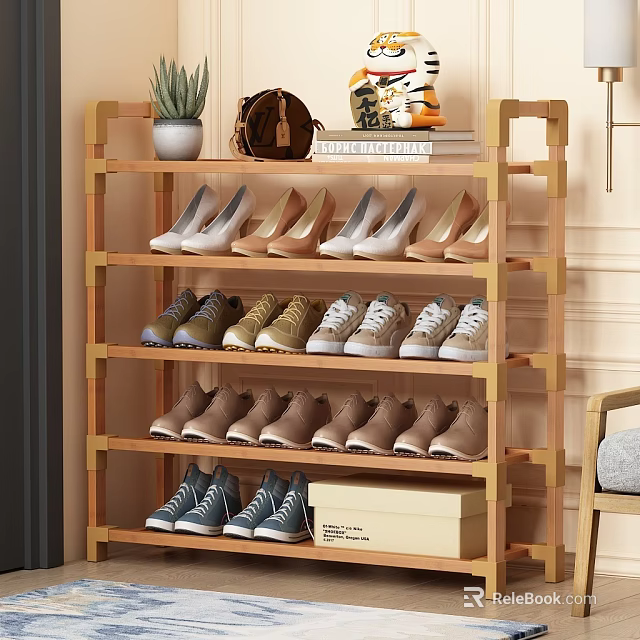 Wooden Multi Tiered Shoe Rack With Various Shoes Potted Plant And Decorative Items 3d model 