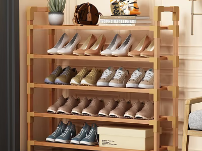 Wooden Multi Tiered Shoe Rack With Various Shoes Potted Plant And Decorative Items 3d model