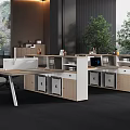Modern Office Desk With Open Layout Multiple Workstations White And Light Wood Finish